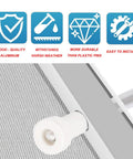 10 Piece Window Screen Plunger Latches With White Caps Aluminum Retainer Pins Replacement Clips showing quality icons and installation details.