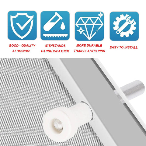 10 Piece Window Screen Plunger Latches With White Caps Aluminum Retainer Pins Replacement Clips showing quality icons and installation details.