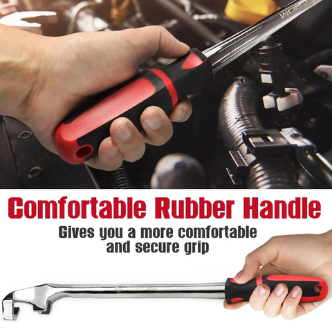 15 Inch Wrench Extender Tool With Torque Multiplier Extension Bar in use with ergonomic rubber grip, showing red handle in engine bay