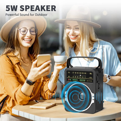 Two women enjoying coffee with Portable AM FM Radio With Bluetooth Five Point Zero And Five Watt Loud Speaker, black finish.