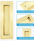 Sliding Pocket Door Handles 304 Stainless Steel Non Locking Pocket Door Hardware Recessed Flush Finger Pull Edge Pull Heavy Duty 6 Inch Satin Brass Finish Set for Smooth Gliding Doors with Rust Resistant Construction.