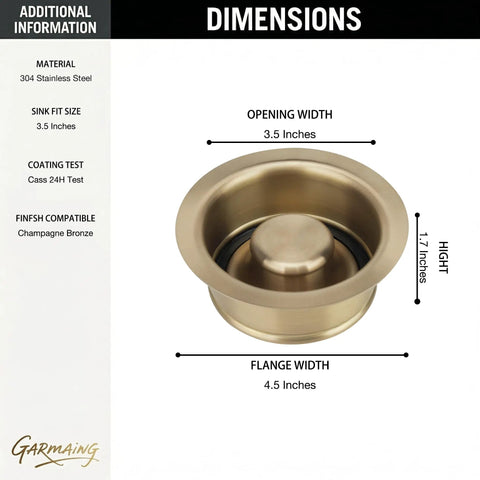 Level Up Your Kitchen Setup With This Premium Champagne Bronze Sink Garbage Disposal Flange Replacement Ring Featuring Warm Brushed Gold Finish For Easy Undermount Swap Total Home Refresh, showing dimensions 3.5 inches opening, 4.5 inches flange, 1.7 inches height.