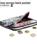 Slim Floral RFID Wallet For Women with open zipper coin pocket, showing coins, vegan leather, everyday carry essential