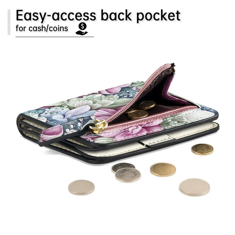Slim Floral RFID Wallet For Women with open zipper coin pocket, showing coins, vegan leather, everyday carry essential