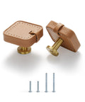 Pack Of Four Modern Khaki Brass Square Cabinet Drawer Knobs Pretty Sweet Furniture Handles With Mounting Screws, featuring a leather-wrapped design.