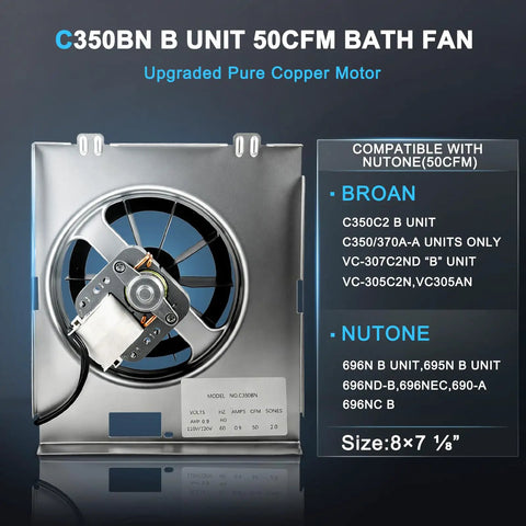 Upgrade Pure Copper Motor B Unit 50CFM Bathroom Exhaust Fan Replacement, 8x7-1/8 inch housing, shown with compatible models