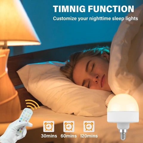 Woman sleeping under light from Rechargeable Light Bulb With Remote Timer And 15 Color Options Battery Operated Magnetic Puck LED Bulb