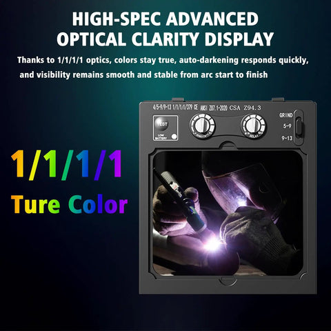 Auto Darkening Welding Helmet With True Color View Large Viewing Window Solar And Battery Powered Wide Shade Range display