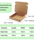 Heavy Duty 5X4X1 Small Shipping Boxes 50 Pack, Legit Corrugated Cardboard Mailers, open box showing dimensions and details.