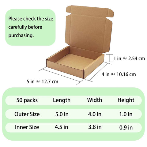 Heavy Duty 5X4X1 Small Shipping Boxes 50 Pack, Legit Corrugated Cardboard Mailers, open box showing dimensions and details.