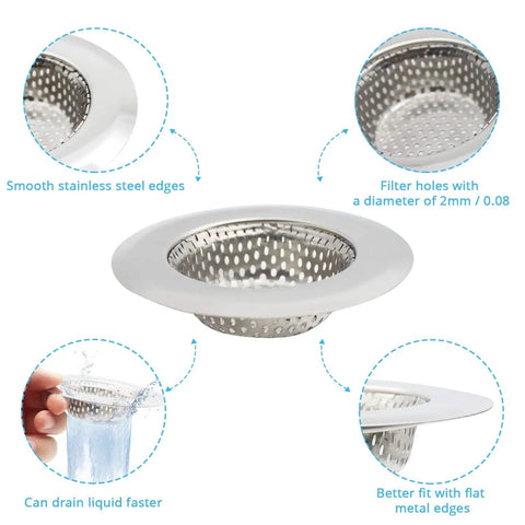 Stainless Steel Sink Strainer Basket 2.25 Inch Drain Cover For Kitchen And Bathroom, polished rim, anti clog mesh filter