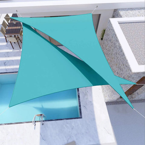 Turquoise Triangle Sun Shade Sail Canopy 12x12x17 Ft Waterproof UV Block Heavy Duty Polyester installed over a pool area