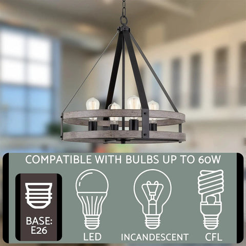 Modern Farmhouse Pendant Chandelier, 4 Light, 24 Inch, Adjustable Height, Open Cage Design with Light Cedar Wood and Black Finish