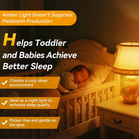 Amber Sleep Light Bulbs 1800K 9W 60 Watt Equivalent A19 E26 4 Pack in nursery with sleeping baby and soft warm lighting