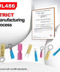 Marine Heat Shrink Ring Terminal Kit For 16-14 AWG Wires, UL486 compliant certificate and blue ring connectors displayed
