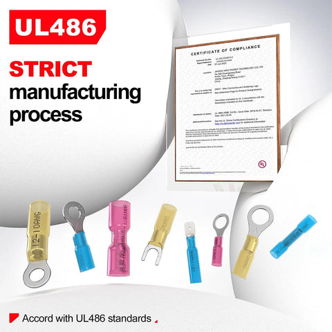Marine Grade 12-10 AWG Heat Shrink Ring Terminal Connector 5 16 Inch Stud Yellow 50 Pack on UL486 compliance sheet