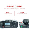 RPS-30PRO DC switching power supply with mic, labeled for high efficiency and performance, part of a 30 Amp Regulated Universal Bench Power Supply For CB Ham Radios And Scanners, Adjustable 9 To 15 Volt DC Or 13.8 Volt Fixed