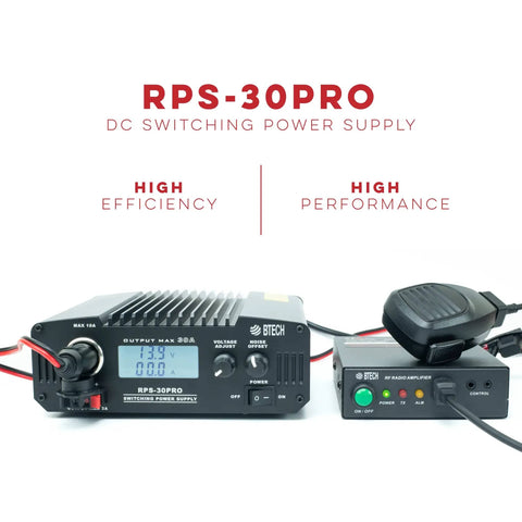 RPS-30PRO DC switching power supply with mic, labeled for high efficiency and performance, part of a 30 Amp Regulated Universal Bench Power Supply For CB Ham Radios And Scanners, Adjustable 9 To 15 Volt DC Or 13.8 Volt Fixed