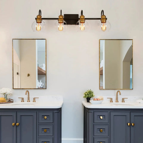 4 Light Modern Farmhouse Vanity Light Fixture in black with oil rubbed bronze finish and clear globe glass shades, 29.5 inch bar design