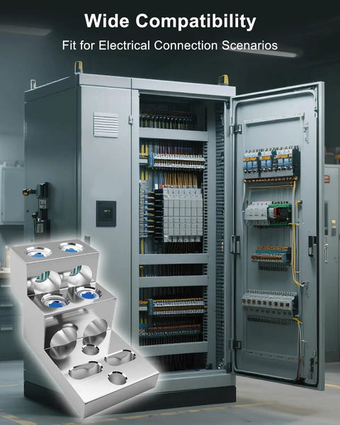 Mechanical Stacked Lug Terminal Block For Quick Secure Mounting In Electrical Panels Copper And Aluminum Compatible Supports 500 KCMIL And 600 MCM Wires 600T4 CU9AL Heavy Duty Fast Wiring Convenience in electrical panel