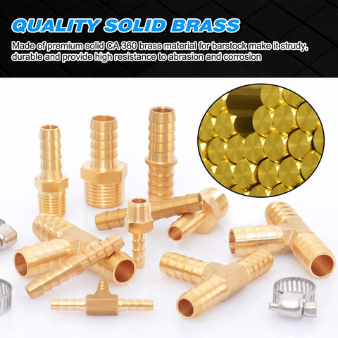 80-piece brass hose barb fittings kit with assorted barb sizes 1/8–1/2 in and clamps