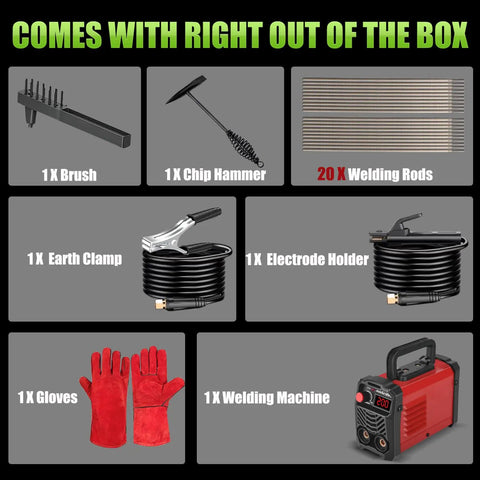 200 Amp Portable Stick Welder 110V IGBT Inverter With Hot Start Arc Force Anti-Stick shown with accessories including welding rods and gloves.