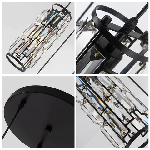 Detailed view of three light black pendant light fixture with crystal beads, featuring adjustable ceiling hanging lamp components.