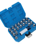 Heavy Duty 21 Piece Lug Nut Key Kit With Wheel Lock Socket Adapter And Removal Tools For Automotive Service Crafted From Durable Cr Mo Alloy Steel Rust Proof And Wear Resistant Gear In Portable Hard Case For Easy Storage, open case