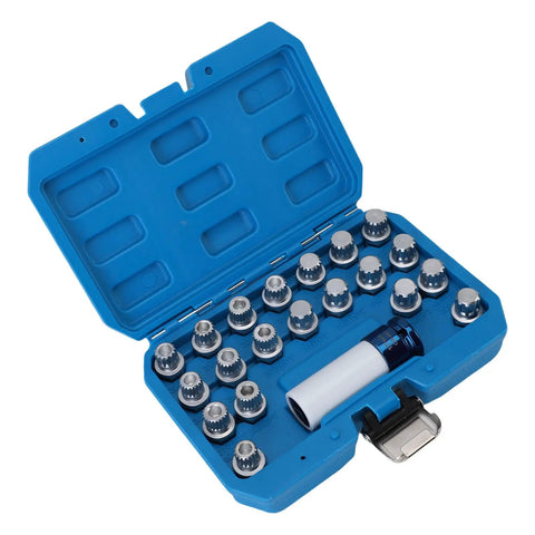 Heavy Duty 21 Piece Lug Nut Key Kit With Wheel Lock Socket Adapter And Removal Tools For Automotive Service Crafted From Durable Cr Mo Alloy Steel Rust Proof And Wear Resistant Gear In Portable Hard Case For Easy Storage, open case