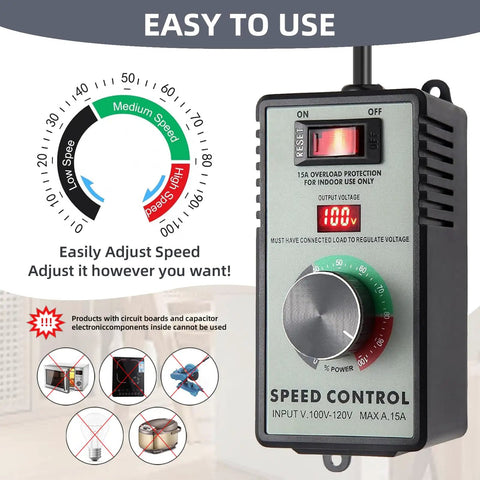 Heavy Duty AC Motor Speed Controller 120V 15A Variable Fan Speed Regulator With Led Digital Display showing speed dial and controls.