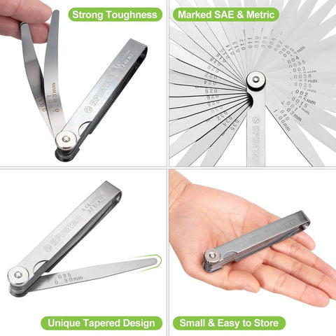 Spurtar feeler gauge set with 32 stainless blades, 0.001–0.04 in (0.03–1.00 mm), dual SAE/Metric markings for gap measurement
