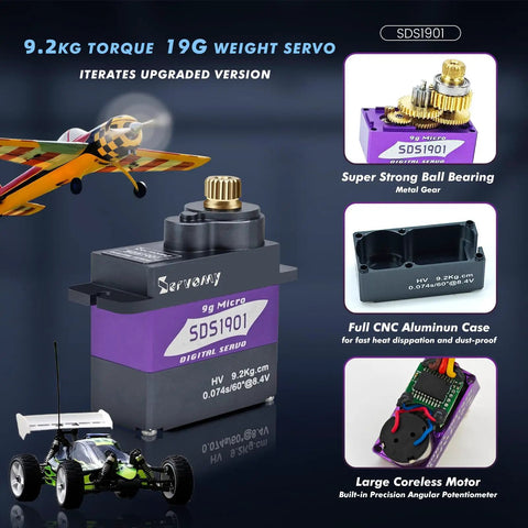 SERVOMY-SDS1901 high torque micro servo, coreless motor, metal case, shown with model plane and car for educational use.