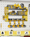 Power Tool Organizer Wall Mount With Hooks Drill Holder And Screwdriver Rack Built In Power Strip Pro Grade Heavy Duty Iron Three Layer Garage Storage Shelf For Workshop Shed Pegboard Basement Yellow