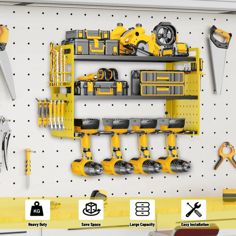 Power Tool Organizer Wall Mount With Hooks Drill Holder And Screwdriver Rack Built In Power Strip Pro Grade Heavy Duty Iron Three Layer Garage Storage Shelf For Workshop Shed Pegboard Basement Yellow