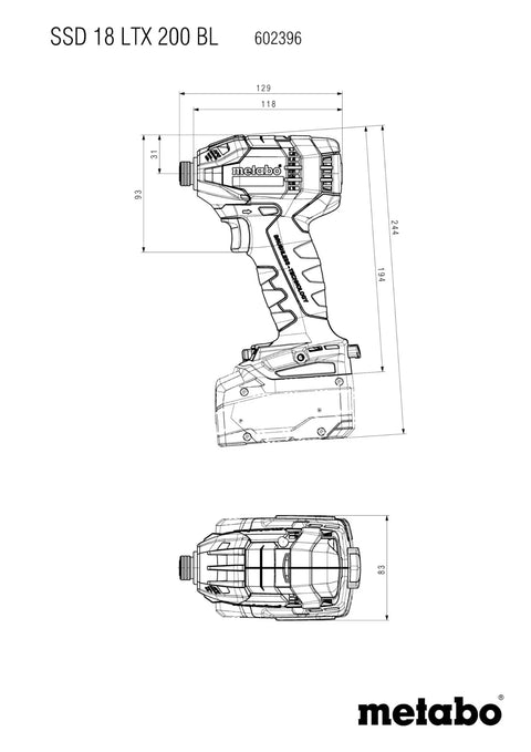 Technical drawing of Cordless Impact Driver With One Quarter Inch Hex Drive, 200 Nm Torque, Brushless Motor For Beast Mode Speed