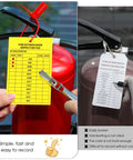 Fire Extinguisher Inspection Tags Kit With 2026 2029 Maintenance Plastic Tamper Seals Fire Extinguisher Pull Pins Security Tags And Handheld Hole Puncher in use on extinguishers