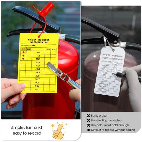Fire Extinguisher Inspection Tags Kit With 2026 2029 Maintenance Plastic Tamper Seals Fire Extinguisher Pull Pins Security Tags And Handheld Hole Puncher in use on extinguishers