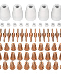 60 Piece Plasma Cutting Consumables Kit For PT31 JG-40 LG-40 Torches displayed with nozzles, electrodes, shield cups.