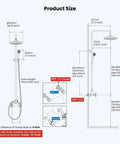 Diagram of Exposed Bathroom Shower Faucet Set With 8 Inch Rainfall Shower Head And Handheld Shower, dimensions and installation details.