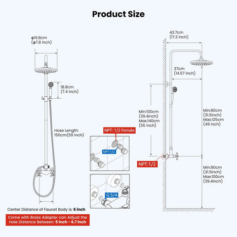 Diagram of Exposed Bathroom Shower Faucet Set With 8 Inch Rainfall Shower Head And Handheld Shower, dimensions and installation details.