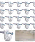 White Wire Shelf Brackets With Mounting Hardware Heavy Duty Closet Clips Built Tough For Pantry And Garage Storage shown in a set.