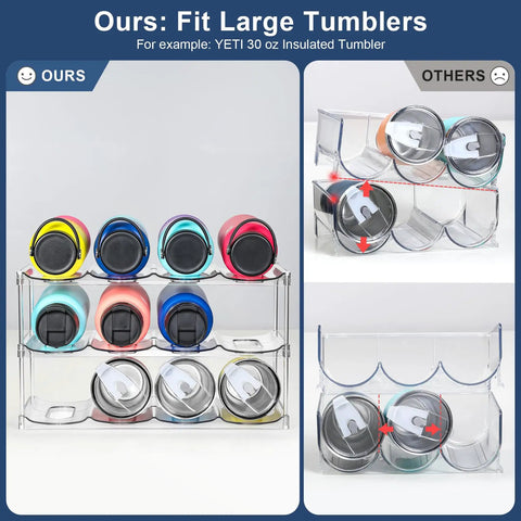 Kick That Bottle Jumble With This 3 Tier Stackable Water Bottle Organizer That Cradles 12 Big Tumblers And Fits Stanley Sizes Perfectly Clear Heavy Duty Rack showcasing large tumblers in a clear holder.