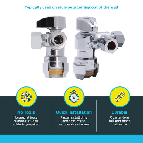 Brass Push To Connect Dual Outlet Angle Stop Valve With Compression Fittings Half Inch By Three Eighths Inch For PEX PERT CPVC Copper Plumbing Quarter Turn Shutoff Easy Install Built For Tight Spaces showing chrome finish and installation benefits