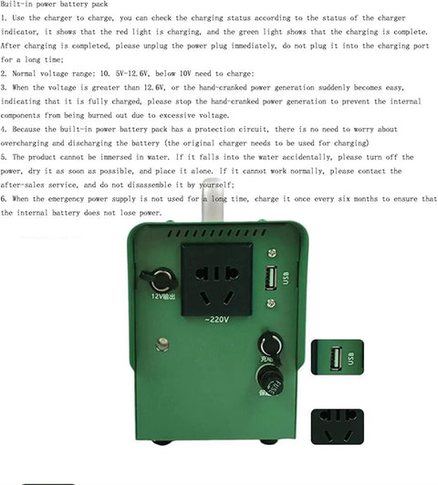 150W Hand Cranked Generator With Dual Direction Crank Portable Dynamo For Off Grid Power Supports External Charging And Solar Panel Charging Up To 2A Output Compact Power Kit For Camping Emergency Prep And Outdoor Adventures showing front panel with USB and sockets