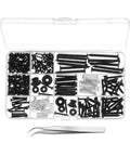 Heavy Duty 254 Piece Guitar Screw Kit With All Stainless Steel Fasteners For Strat Tele And Gibson Axe Bridge Hardware Replacement Pickup Mounting Pickguard Fixes That Are Gotta Have, organized storage box with black screws and fasteners.