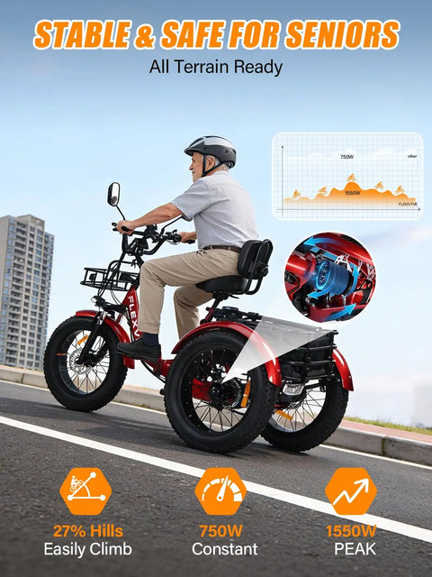 Beast Power Folding 3 Wheel Electric Trike For Adults With 1550W Peak Power 48V Fat Tire 20x4 Detachable Rear Basket Rear Differential Easy Fold Red For Daily City Rides, rider on red trike