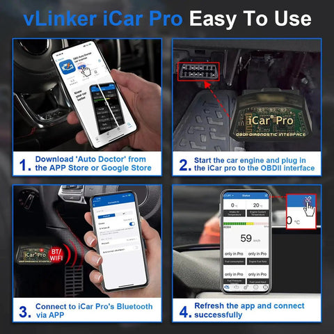 ICar Pro Mini OBD2 Bluetooth Scanner For iOS And Android Pro Diagnostic Tool installation steps illustration.