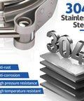 Close-up of 304 stainless steel material highlighting durability of 2Pcs V Band Flange Clamp Kits, 3 Inch Stainless Steel Exhaust V Band Clamp With Male And Female Quick Release Flat Flange Assembly For Turbo Downpipes And Exhaust System.
