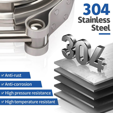 Close-up of 304 stainless steel material highlighting durability of 2Pcs V Band Flange Clamp Kits, 3 Inch Stainless Steel Exhaust V Band Clamp With Male And Female Quick Release Flat Flange Assembly For Turbo Downpipes And Exhaust System.