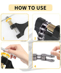 Motorcycle chain breaker tool usage guide; four-panel collage showing front view, side view, close-up bolt, and chain links.